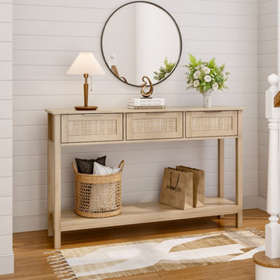 Living And Home Rustic Wood Console Table With 3 Rattan Drawer - image 1