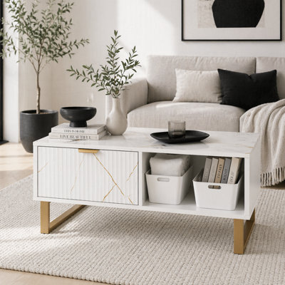 Wyld Haus Lima White Marble-Effect Coffee Table With Gold Accents And 2 Storage Drawers, L100 X D50 X H40 Cm - image 1