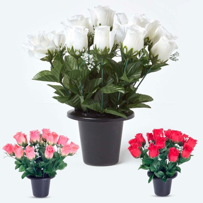 Homescapes Artificial Grave Flowers Set Of 3 Red, Pink & White Handcrafted Rose & Gypsophila Flowers In Grave Vases, 30 X 25 Cm - image 1