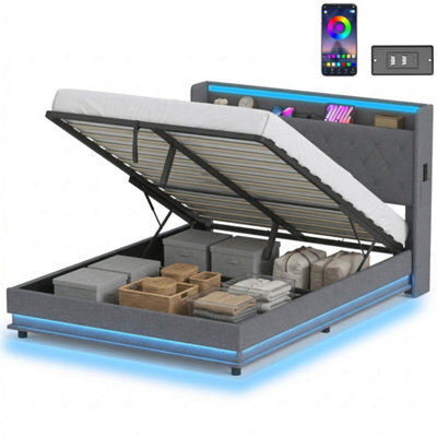 4Ft6 Double Bed Frame With Rgb Led Lights, Platform Bed Frame, Dark Grey - image 1