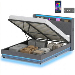 4Ft6 Double  Bed Frame With Rgb Led Lights, Platform Bed Frame, Dark Grey - thumbnail 1