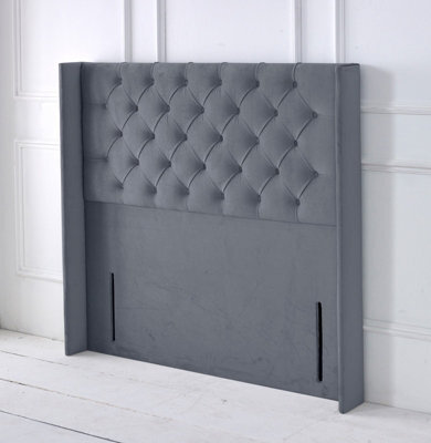"Adore Designs Chesterfield Winged Plush Velvet 4Ft Small Double 50"" Floor Standing Headboard - Grey"