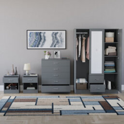 Lassic Vida Designs Riano 4 Piece Bedroom Set (1 Drawer Bedside Chest, 5 Drawer Chest, 3 Door 2 Drawer Mirrored Wardrobe), Grey - thumbnail 2