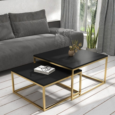 Kama 2 Piece Coffee Table Set Metal Base Legs Gold With Black Tops Modern Matching Duo In Large And Small Sizes - image 1