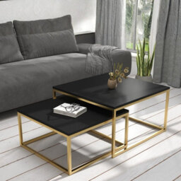 Kama 2 Piece Coffee Table Set Metal Base Legs Gold With Black Tops Modern Matching Duo In Large And Small Sizes - thumbnail 1