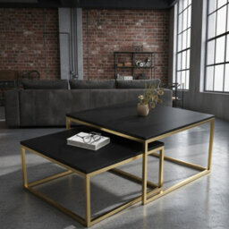 Kama 2 Piece Coffee Table Set Metal Base Legs Gold With Black Tops Modern Matching Duo In Large And Small Sizes - thumbnail 2