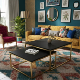 Kama 2 Piece Coffee Table Set Metal Base Legs Gold With Black Tops Modern Matching Duo In Large And Small Sizes - thumbnail 3