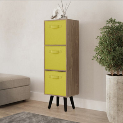 Urbn-Living Urbnliving 80Cm Height 3 Tier Oak Wooden Storage Bookcase Scandinavian Style Black Legs With Yellow Inserts - image 1
