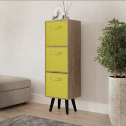 Urbn-Living Urbnliving 80Cm Height 3 Tier Oak Wooden Storage Bookcase Scandinavian Style Black Legs With Yellow Inserts