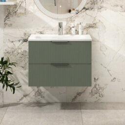Royal Bathrooms Evora 700mm Sage Green Fluted Wall Hung Bathroom Vanity Unit 2 Drawer Cabinet Storage With Stone Basin Sink - 1 Tap Hole - thumbnail 1