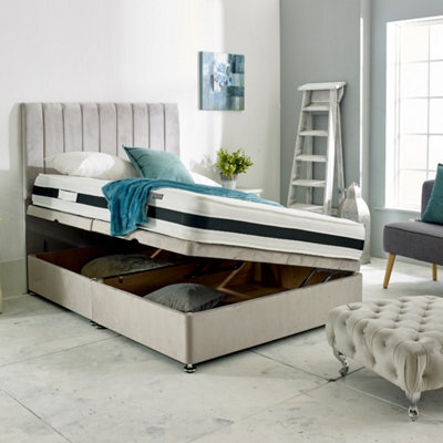 Apollo - Silver Plush Velvet Ottoman Bed With Vertical Lines Upholstered Headboard Side Lift - image 1