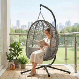 Outsunny Hanging Egg Chair, Rattan Swing Chair With Stand, Dark Grey - thumbnail 9