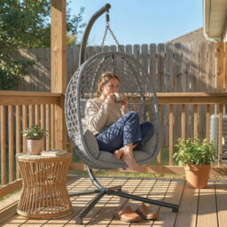 Outsunny Hanging Egg Chair, Rattan Swing Chair With Stand, Dark Grey - thumbnail 8