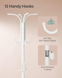 Songmics Coat Rack Freestanding, Coat Stand With Umbrella Holder, 12 Hooks, Metal, For Entryway, Hallway, Pearl White - thumbnail 5