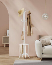 Coat Rack Freestanding, Coat Stand With Umbrella Holder, 12 Hooks, Metal, For Entryway, Hallway, Pearl White