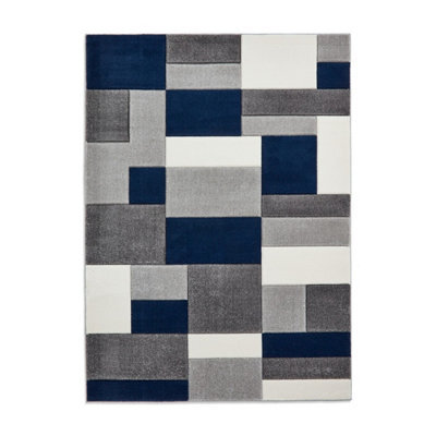 Grey Navy Rug, Geometric Rug, Stain-Resistant Rug With 10mm Thickness, Easy To Clean Rug For Living Room-80Cm X 150Cm