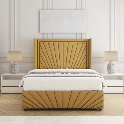 Bsspoke Nola Divan Bed In Mustard Plush Velvet With 54Inch Headboard & Footboard & Mattress No Drawers In 3Ft 4Ft 4Ft6 5Ft 6Ft - image 1