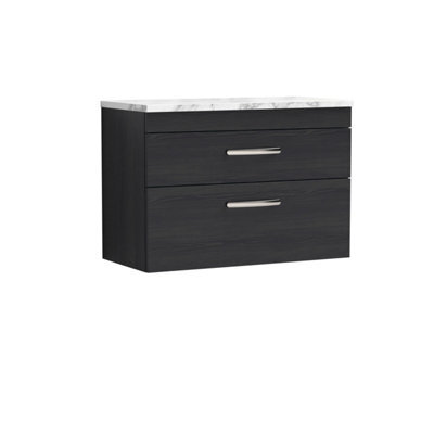 Nuie Athena Wall Hung 2-Drawer Vanity Unit With Laminate Worktop In Gloss White, Sleek Counter Top Vanity Unit In Charcoal Black