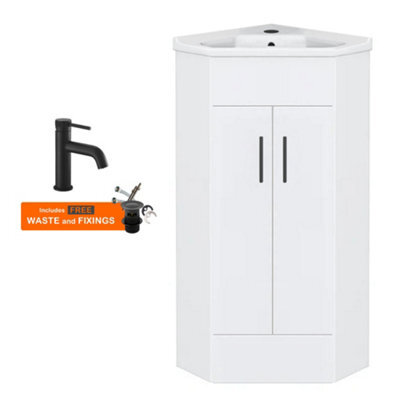 FNX Bathrooms Bubly Bathrooms™ Two Door Corner Vanity Unit & Basin Sink - 555mm - Gloss White With Black Tap - image 1