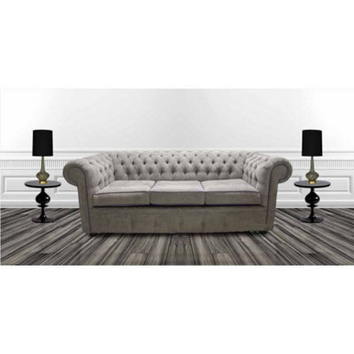 Chesterfield 3 Seater Sofa Kimora Grey With Blue Piping Fabric In Classic Style - image 1