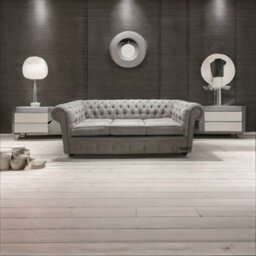 Chesterfield 3 Seater Sofa Kimora Grey With Blue Piping Fabric In Classic Style - thumbnail 6