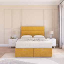 Sloomy Texas End Lift Ottoman Bed 6Ft With Sprung Memory Mattress - Mustard Plush & Headboard- Super King - thumbnail 3