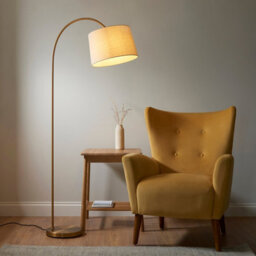 Loops Elegant 1635mm Tall Curved Floor Lamp With Warm Brass Finish And Natural Fabric Shade - thumbnail 2