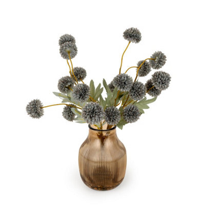 Candlelight Glazed Ginger Pot, Blue Kiku Stem 4.3Cm Artificial Plant In Orange Glass Ribbed Vase - image 1