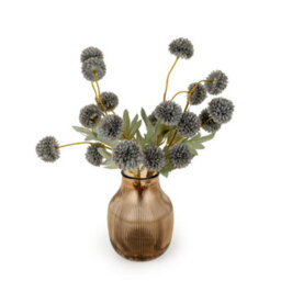 Candlelight Glazed Ginger Pot, Blue Kiku Stem 4.3Cm Artificial Plant In Orange Glass Ribbed Vase