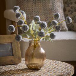 Candlelight Glazed Ginger Pot, Blue Kiku Stem 4.3Cm Artificial Plant In Orange Glass Ribbed Vase - thumbnail 6