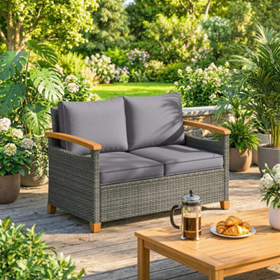 Outsunny 2 Seater Rattan Garden Sofa With Acacia Wood Armrests, Dark Grey - image 1
