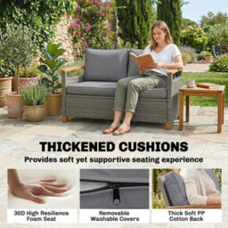 Outsunny 2 Seater Rattan Garden Sofa With Acacia Wood Armrests, Dark Grey - thumbnail 4