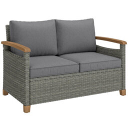 Outsunny 2 Seater Rattan Garden Sofa With Acacia Wood Armrests, Dark Grey - thumbnail 2