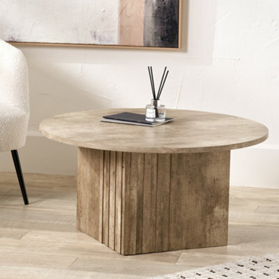 Pacific Lifestyle Grey Concrete Effect Round Coffee Table With Fluted Groove Plinth Base 80Cm, Elkton - image 1
