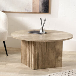 Pacific Lifestyle Grey Concrete Effect Round Coffee Table With Fluted Groove Plinth Base 80Cm, Elkton - thumbnail 1