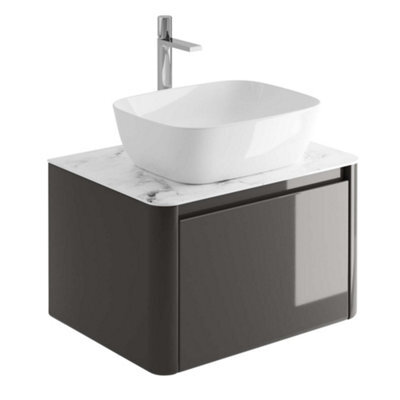 Plum&clay Mayfair Gloss Dark Grey Wall Hung Bathroom Vanity Unit With White Marble Countertop (W)650mm (H)406mm - image 1