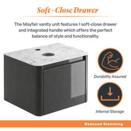 Plum&clay Mayfair Gloss Dark Grey Wall Hung Bathroom Vanity Unit With White Marble Countertop (W)650mm (H)406mm - thumbnail 4