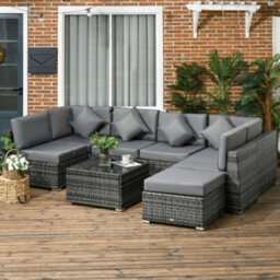 Outsunny 8 Pieces Patio Rattan Sofa Set Outdoor Garden Furniture Set Grey - thumbnail 1