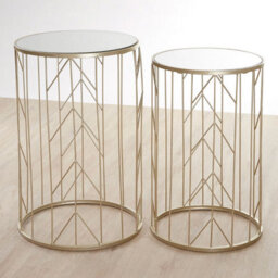 Orsina Mirrored Top Set Of 2 Champagne Side Tables,cylindrical End Table With Strong Iron,metallic Sofa Side Tables - thumbnail 2