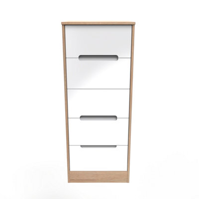 Turin 5 Drawer Tallboy In White Gloss & Bardolino Oak (Ready Assembled) - image 1