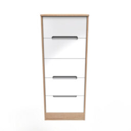 Turin 5 Drawer Tallboy In White Gloss & Bardolino Oak (Ready Assembled) - thumbnail 1