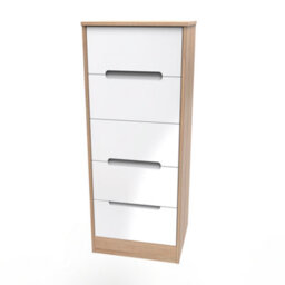 Turin 5 Drawer Tallboy In White Gloss & Bardolino Oak (Ready Assembled) - thumbnail 3