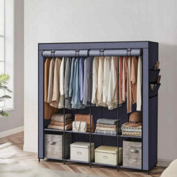 Portable Clothes Closet With 4 Hanging Rails, Storage Shelves And Side Pockets, Dark Blue