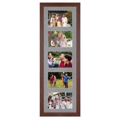 AK Frames 26X8 Rose Wood Modern Multi Photo Frame With Mid Grey Mount - Holds 5 Apertures (5X) 6X4 Photos - image 1