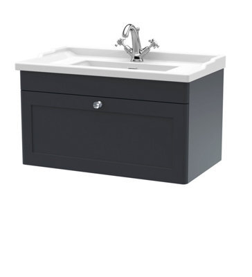 Balterley Swynnerton Traditional 1 Drawer Wall Hung Vanity Unit With Basin, Dark Grey, 800mm - image 1