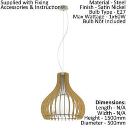 Stylish Satin Nickel Pendant Ceiling Light With Maple White Wood Shade - thumbnail 2