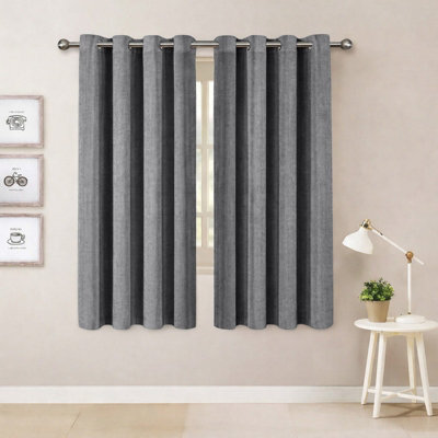 Oxford Homeware Eyelet Charcoal Linen Effect Curtains Fully Lined 100% Blackout Thermal Insulated Curtain Pair (W)117Cmx(L)137Cm - image 1