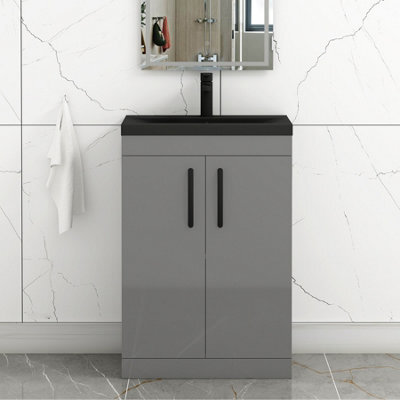 Royal Bathrooms Turin 600mm Floor Standing Vanity Unit 2 Door Indigo Grey Gloss With Black Basin & Handles - image 1