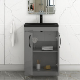 Royal Bathrooms Turin 600mm Floor Standing Vanity Unit 2 Door Indigo Grey Gloss With Black Basin & Handles - thumbnail 6