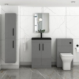 Royal Bathrooms Turin 600mm Floor Standing Vanity Unit 2 Door Indigo Grey Gloss With Black Basin & Handles - thumbnail 5